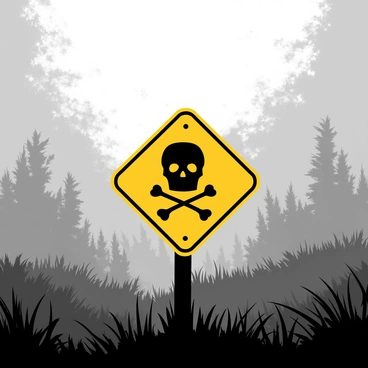 A bright yellow caution sign is positioned prominently in the foreground. The sign displays a clear black image of a skull and crossbones in the center. Surrounding the sign is a dense landscape filled with thick, swirling fog that envelops the ground and obscures the details of the environment. Shadows of indistinct shapes may be faintly visible within the fog, creating an eerie atmosphere. The overall composition emphasizes the caution sign as a stark warning amid the murky surroundings.