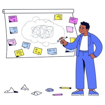 An artist standing in front of a large whiteboard filled with various colorful sticky notes and sketches. The whiteboard features a central sketch of a character design, surrounded by notes with different ideas and concepts. The artist is holding a marker, deep in thought, with a focused expression. The floor is scattered with crumpled paper sketches and pencils. The environment is bright and organized, fostering creativity.