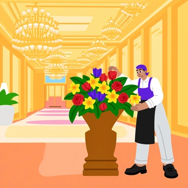 A servant is arranging a beautiful bouquet of colorful flowers in a large, ornate vase. The flowers include red roses, yellow lilies, and purple tulips, each perfectly arranged to create a vibrant display. The grand ballroom features high ceilings adorned with elegant chandeliers that cast warm light throughout the space. Richly decorated walls showcase intricate patterns, and the polished wooden floor reflects the soft glow of the chandeliers. The servant, dressed in a classic uniform, carefully places the finishing touches on the arrangement, ensuring it is both balanced and visually striking.