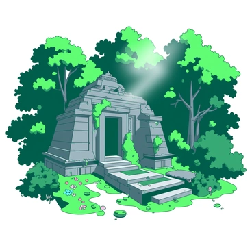 An ancient stone temple is nestled deep within a vibrant green jungle. The temple, made of weathered gray stone, shows signs of age and history, with intricate carvings along its facade. Partially covered in green vines, the temple blends into the surrounding foliage, creating a sense of mystery. Dense, leafy trees surround the temple, casting dappled shadows on the ground. Small flowers in various colors peek through the underbrush, adding splashes of color to the lush environment. A soft mist hangs in the air, enhancing the enchanting atmosphere of this hidden sanctuary.