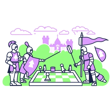 A medieval battlefield is depicted with a large chessboard at its center, where two armies are engaged in an intense chess match. The chess pieces are represented as knights, bishops, and rooks, each resembling medieval warriors in armor. On one side, a knight wearing a helmet with a plume stands ready, while on the opposite side, a bishop holds a staff adorned with a banner. The battlefield is filled with scattered shields and swords, and a distant castle can be seen in the background. The sky above is filled with dramatic clouds, enhancing the tension of the scene.