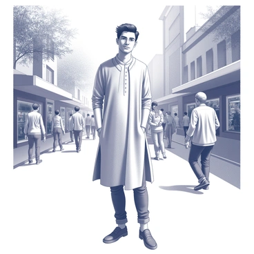 A fashionable young man stands confidently on a busy street. He is wearing a long kurta that flows elegantly past his hips, paired with fitted jeans that showcase a modern style. His hair is neatly styled, complementing his overall appearance. The street around him is bustling with people, some walking briskly while others chat in groups. Various shops line the sides of the street, adding to the lively atmosphere, while a few trees provide patches of shade. The young man's expression reflects a sense of poise and style amidst the urban backdrop.