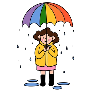 A young girl with light skin and curly brown hair is standing happily under a vivid rainbow. She is holding a brightly colored umbrella, which is open above her head. The girl is wearing a yellow raincoat over a pink dress, and her shiny black rain boots are visible. Raindrops are gently falling around her, and small puddles create reflections on the ground. The background shows the clear sky and remnants of the rain shower.