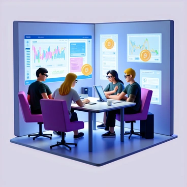 A futuristic office space with sleek, minimalist design elements and large digital screens displaying cryptocurrency prices and transaction data. There are multiple accountants with diverse appearances, each focused on their work. One accountant has short, dark hair and is wearing eyeglasses, typing on a holographic keyboard. Another accountant, with long, blonde hair tied back, is looking at a floating display of virtual coins that are spinning in mid-air. Nearby, a digital wallet interface is projected on a wall, showing various cryptocurrencies being exchanged. The atmosphere feels high-tech and innovative, filled with vibrant colors from the digital screens and floating visuals.