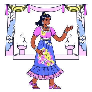 A woman named "Kartini" is participating in a traditional Javanese dance. She is wearing a vibrant batik dress that features intricate patterns in bright colors. Her hair is styled elegantly, adorned with traditional accessories. The background consists of a decorative stage with floral motifs and hanging fabrics, adding to the cultural atmosphere of the dance performance.