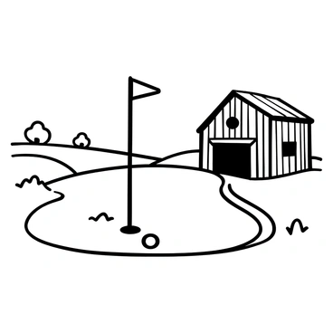 A golf hole marked by a flagstick standing tall, situated in front of a rustic barn. The barn features weathered wood with a slanted roof. The surrounding area consists of rolling fields, dotted with patches of grass. A dirt path winds through the scene, leading towards the barn. In the background, a few trees are visible, creating a gentle horizon line. A golf ball lies on the ground near the tee box, ready to be struck.
