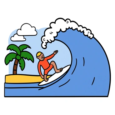 A surfer with tan skin and short, sun-bleached hair is skillfully riding a massive blue wave. He is wearing a bright red wetsuit and is positioned on a white surfboard. In the background, there is a tropical beach with golden sand and lush green palm trees swaying gently in the breeze. The sky is clear with a few fluffy white clouds, and the sun is shining brightly, creating a vibrant atmosphere. The wave is towering, with frothy white spray cascading off the top.