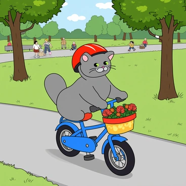 A small, fluffy cat with gray fur and bright green eyes is wearing a tiny, shiny red cycling helmet securely fitted on its head. The cat is confidently perched on a miniature blue bicycle, with its little paws gripping the handlebars. The bicycle has a colorful basket attached to the front, filled with vibrant flowers. The park path is surrounded by lush green grass and a few tall trees, with dappled sunlight filtering through the leaves. In the distance, there are other park-goers enjoying the day, adding a lively atmosphere to the scene.