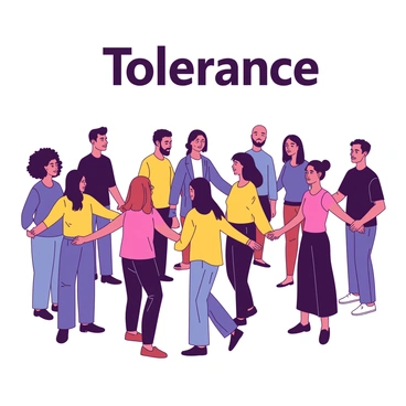 A diverse group of people holding hands in a circle, labeled 'Tolerance'