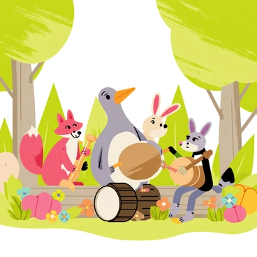 A dodo bird playing a small drum in a lively forest band with other musical animals