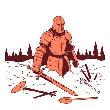 An undead knight in rusty armor emerging from a foggy battlefield