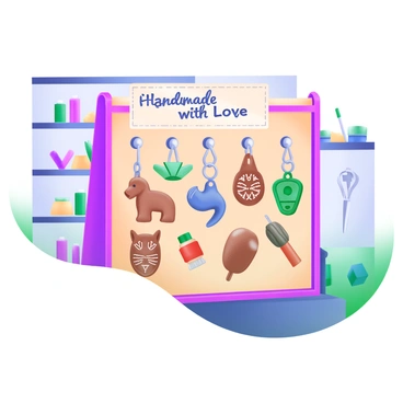 A collection of unique leather keychains hanging on a pegboard in a craft shop.