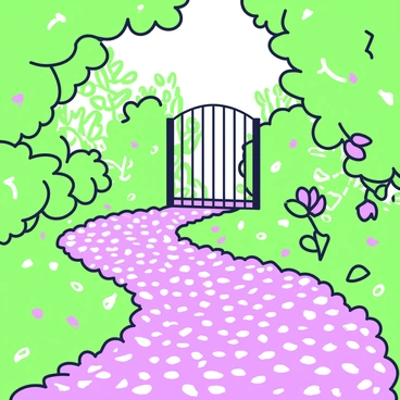 A pathway made entirely of flower petals stretches across the foreground, curving gently as it leads towards a hidden entrance. The petals are vibrant, forming a soft, colorful carpet that contrasts with the surrounding greenery. On either side of the path, lush foliage is dense, with various types of plants peeking through. At the end of the path, a wrought-iron gate stands partially open, hinting at the secret garden beyond. Sunlight filters through the leaves above, casting delicate shadows on the petal-laden ground.