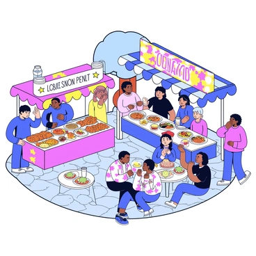 A vibrant street market with colorful stalls displaying a variety of foods. Each stall features unique dishes representing different cultures. People of diverse backgrounds are gathered, some sharing stories while others are enjoying the food. There are banners and decorations adding to the lively atmosphere. Tables are set up where families and friends sit together, engaging in conversation. The ground is paved with cobblestones, and nearby trees provide some shade for the vendors and visitors.