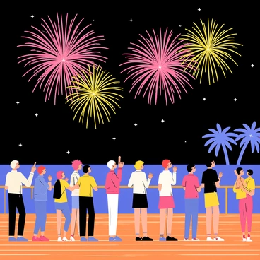 A wooden deck with people of various ages and backgrounds standing and sitting. Some individuals are pointing towards the sky, while others are clapping their hands in excitement. The scene is illuminated by vibrant fireworks bursting in various colors above the dark ocean. The night sky is filled with an array of sparkling lights, and the reflections of the fireworks shimmer on the water's surface. In the background, the silhouette of palm trees can be seen against the night sky.