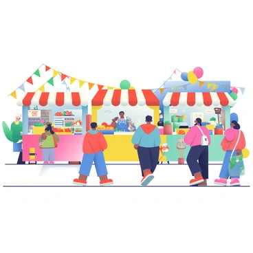 A lively festival market is filled with various stalls displaying bright products. Each stall is adorned with colorful decorations, including streamers and banners in shades of red, blue, yellow, and green. People are walking through the market, some carrying bags filled with goods. There are baskets of fresh fruits and vegetables on display, along with handmade crafts and artisanal foods. In the background, colorful balloons float above the stalls, and a performer can be seen entertaining a small crowd. The scene is vibrant and bustling, showcasing the energetic atmosphere of the festival.