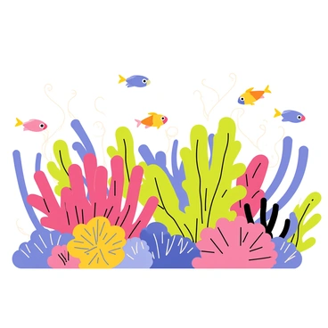 A vibrant coral garden filled with colorful corals in various shapes and sizes. Small fish in bright hues are darting among the intricate branches of the corals. There are several anemones waving gently in the water, showcasing their long, flowing tentacles. The overall scene is lively, with the fish swimming playfully around the coral formations.