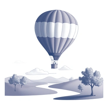 A large hot air balloon is floating gracefully in the sky. The balloon has a distinctive round shape and features a patchwork pattern of various shapes and lines. Below the balloon, a sweeping landscape stretches out, including rolling hills, trees with detailed leaves, and a winding river that reflects the scene above. The sky is filled with soft clouds, adding texture to the atmosphere.