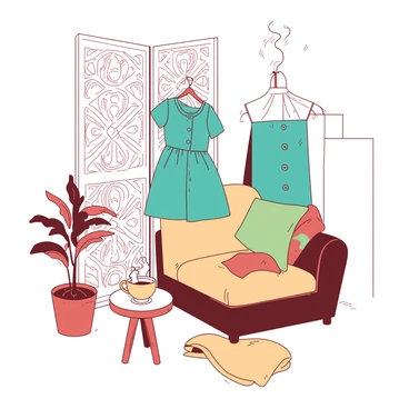 A cozy interior scene featuring a white decorative room divider adorned with intricate patterns. Hanging from the divider is a teal buttoned mini dress, showcasing its playful design. The background includes a soft, plush armchair in warm tones, alongside a small wooden side table with a steaming cup on top. A potted plant sits on the floor nearby, adding a touch of greenery to the inviting space. The atmosphere is filled with gentle lighting, casting soft shadows throughout the room.