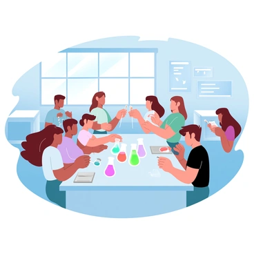 A vibrant classroom filled with students working together on a science experiment. Several students are gathered around a table, carefully measuring liquids into colorful beakers. The beakers are filled with different hues of liquid, creating a rainbow effect across the table. Some students are holding pipettes, while others are taking notes on clipboards. The walls of the classroom are adorned with educational posters related to science. A large window lets in sunlight, illuminating the scene.