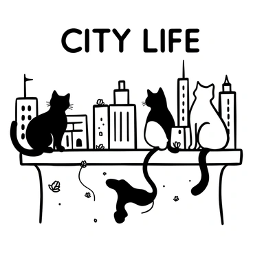 Several cats sitting on the edges of rooftops, with their tails hanging down. The cats are various breeds, including a fluffy Persian and a sleek Siamese. The skyline of a city is visible in the background, featuring tall skyscrapers and a few antennas protruding from the buildings. The rooftops have scattered potted plants and a chimney, adding detail to the scene. "City Life" is written in bold letters across the top of the illustration.