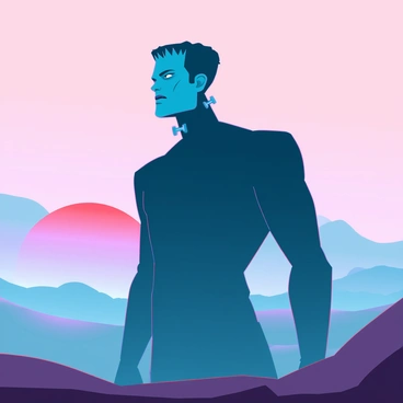 The silhouette of a tall, imposing figure resembling "Frankenstein's monster" stands against a misty sunrise. The figure has broad shoulders and a square jaw, with distinct bolts visible on its neck. The background features gentle rolling hills shrouded in a soft fog, and the sky is painted in hues of orange, pink, and purple as the sun begins to rise. The light creates a dramatic contrast, highlighting the contours of the monster's silhouette as it gazes into the distance, adding an eerie yet captivating element to the scene.