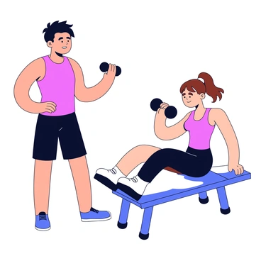 A personal trainer standing beside a client, demonstrating proper concentration curl form. The trainer has short black hair and is wearing a bright red tank top and black athletic shorts. The client, with long brown hair tied back, is seated on a bench, holding a dumbbell in one hand. The client is focused, with muscles engaged, and their other arm resting against their knee for support. The background features simple gym equipment, such as a mat and a weight rack.