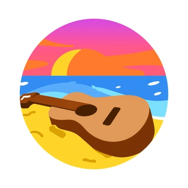 A classic acoustic guitar with a polished wooden body is resting on fine, yellow sand. The guitar is positioned diagonally, with its neck pointing towards the viewer. In the background, a vibrant sunset horizon displays a gradient of orange, pink, and purple hues blending together as the sun descends. Wispy clouds are scattered across the sky, glowing with the warm colors of the sunset. The gentle waves of the ocean reflect these colors, creating a tranquil atmosphere around the scene.