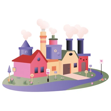 A digital flat illustration featuring a whimsical factory with colorful buildings. The buildings are painted in bright reds, blues, and yellows, each with unique shapes and designs, including tall chimneys and rounded roofs. Puffs of white steam are rising from various chimneys, creating a playful atmosphere. There are gears and cogs visible on the sides of some buildings, adding to the factory theme. In the foreground, there are colorful flowers and green grass, enhancing the cheerful environment. A small road leads up to the factory, dotted with whimsical signs pointing to different parts of the factory.