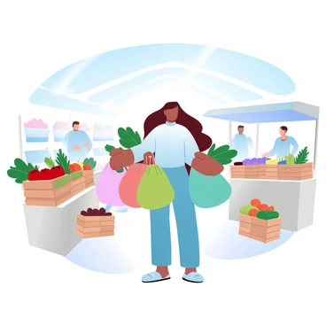 A person is standing at a local market, holding several colorful reusable bags filled with fresh produce. The person is wearing a casual outfit, consisting of a light sweater and comfortable pants. Surrounding them are various stalls displaying an assortment of fruits and vegetables, with vibrant colors like deep red tomatoes, bright green cucumbers, and orange carrots. In the background, there are wooden crates filled with different seasonal fruits, and the atmosphere is lively with other shoppers browsing the market. Sunlight filters through the canopy above, creating a warm and inviting environment.