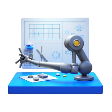 A futuristic robotic arm with sleek metal plating and articulated joints, performing a precise task. It is equipped with various tools at the end of its appendage, showcasing its dexterity. The background features a high-tech workbench with scattered components and blueprints. The robotic arm is delicately assembling a small electronic device, highlighting its precision and advanced technology. The scene is illuminated by bright, focused lights that emphasize the intricate movements of the arm.