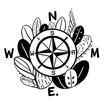 A detailed compass with intricate markings is centered in the image. Surrounding the compass are various plant species, including ferns, cacti, and flowering shrubs, each showcasing their unique leaf shapes and textures. The plants extend outward, filling the space around the compass, with some positioned to emphasize the four cardinal directions. Each direction is marked clearly, with the north, south, east, and west points distinctively labeled. The overall composition creates a harmonious blend of nature and navigation.