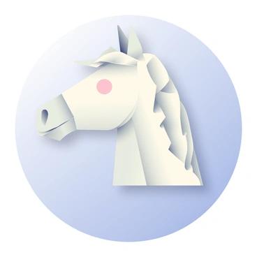 A horse head is depicted as an origami paper sculpture, showcasing intricate folded edges and sharp angles. The sculpture is primarily a soft white color with subtle shadows enhancing the folds, giving it a three-dimensional appearance. The horse's eye is represented by a carefully placed triangular fold, and its mane is achieved through a series of cascading, layered folds that flow elegantly down the neck. The background features a gentle gradient transitioning from light blue at the top to soft lavender at the bottom, accentuating the delicate nature of the origami art.