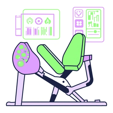 A futuristic leg curl machine is positioned in a modern gym setting. The machine features sleek, streamlined design elements and is constructed with a metallic frame. Holographic displays hover above the machine, showcasing various workout statistics and settings. The controls are integrated into the machine's arms, with illuminated panels that respond to touch. The seat is ergonomically designed, with adjustable padding, and the leg curl mechanism is clearly visible, displaying the weights and resistance levels in an organized manner.