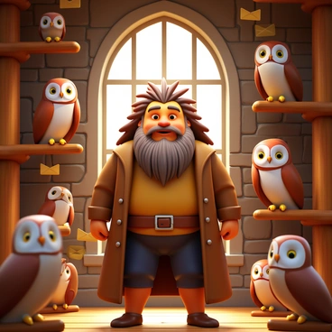 A large man with wild hair and a bushy beard, wearing a tattered coat, stands in the Owlery. He is surrounded by various owls of different species, including Barn owls and Great Horned owls, each perched on wooden beams. Some owls are holding scrolls and envelopes in their beaks, preparing to deliver messages. Sunlight filters through the windows, casting soft shadows on the stone walls. The atmosphere is lively as the owls flap their wings and hoot softly in anticipation of their tasks.