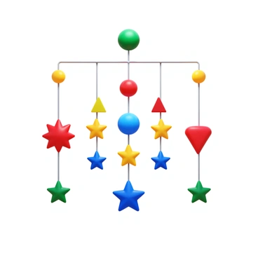 A colorful mobile hanging from the ceiling, featuring an assortment of vibrant shapes such as stars, circles, and triangles. Each shape is a different color, including red, blue, yellow, and green. The mobile is suspended by clear strings, allowing it to sway gently. The design is perfectly balanced at every point, with each shape positioned symmetrically around the center. Light reflects off the surfaces, adding a playful sparkle to the colors.