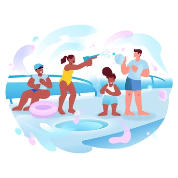 A group of children is playing on the deck of a yacht, surrounded by splashes of water. Two children are holding colorful water guns, aiming playfully at each other. A girl in a bright yellow swimsuit is pouring water from a large bucket into a small inflatable pool nearby. A boy with a blue cap is laughing as he fills a water balloon. Various water toys, including floating rings and toy boats, are scattered across the deck. In the background, the vibrant sea reflects the blue sky, adding to the cheerful atmosphere of the scene.