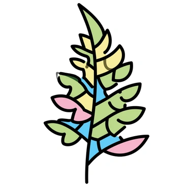 A large fern leaf composed of various colorful shapes and tiles. The mosaic features shades of green, yellow, blue, and red, arranged to create the texture and detail of the fern. The leaf is positioned centrally, showcasing its intricate pattern and the vibrant hues that blend seamlessly together. The background consists of a simple white surface, emphasizing the bold colors of the mosaic fern leaf.