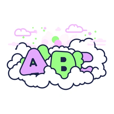 Fluffy clouds shaped like the letters "A", "B", and "C" are drifting across a sky at sunset. The clouds are soft and puffy, creating a whimsical scene. The letters are distinct and clearly recognizable among the clouds. The sky is transitioning with a gradient of color as the sun sets, with hints of light blending into the horizon. The overall composition captures the dreamy quality of the moment, with the clouds gently floating above.