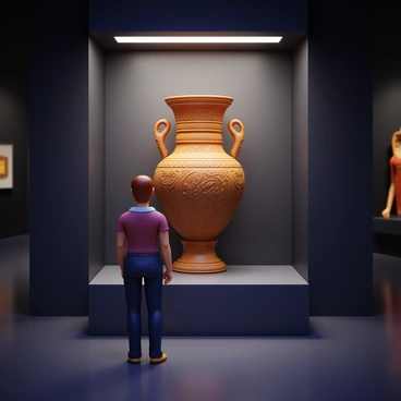 A visitor standing in front of an ancient artifact on display. The artifact is a beautifully ornate vase with intricate carvings and a rich, historical patina. The dim lighting of the museum casts soft shadows, highlighting the details of the vase and creating a mysterious atmosphere. The visitor, dressed in casual attire, gazes intently at the artifact, with a sense of wonder on their face. The museum's polished floor reflects the faint glow of the lights, enhancing the elegant yet subdued ambiance of the scene.