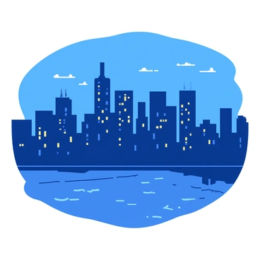 A blue city skyline at dusk features various buildings, with one-fifth of them brightly illuminated. The illuminated buildings stand out against the darker blue sky, showcasing their windows glowing with warm light. The remaining buildings are in silhouette, creating a stark contrast. Below the skyline, a reflection of the lit buildings shimmers in the water of a nearby river. The scene depicts an urban atmosphere, emphasizing the fraction of illuminated structures.
