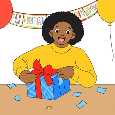 A young woman with medium skin and curly black hair, wearing a bright yellow sweater, is seated at a table. She is eagerly unwrapping a colorful birthday gift wrapped in shiny blue paper with a big red bow on top. Her eyes are wide with excitement as her mouth forms a joyful "O" shape in surprise. Bits of colorful wrapping paper are scattered around her, and in the background, there are balloons and a “Happy Birthday” banner hanging.