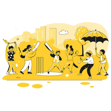 A group of children playing cricket in an urban park during a light rain shower. The kids are wearing colorful clothing, with some holding yellow umbrellas to shield themselves from the rain. One child is batting, while another is bowling. Puddles form on the ground, reflecting the surroundings. Buildings and trees are visible in the background, adding to the urban atmosphere. The children are laughing and enjoying the game despite the rain.