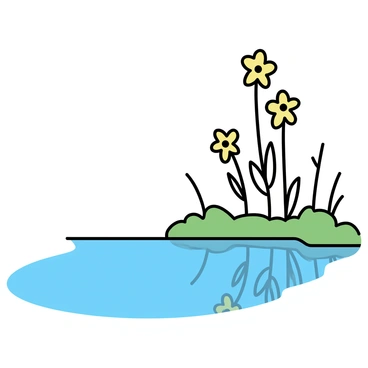 A cluster of "goldenrod flowers" with vibrant yellow blooms, standing tall along the edge of a "calm, reflective lake." The lake surface mirrors the flowers, creating a symmetrical view. The surrounding area shows a simple landscape with "green grass" softly blending into the water's edge. The scene captures the essence of nature with the delicate details of the flowers and the tranquil lake.