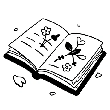 An old, weathered book lying open, with pages slightly curled. Pressed flowers in various shapes and sizes are neatly arranged between the pages, including delicate petals and leaves. The book's cover is adorned with intricate designs, hinting at its age. Soft shadows fall across the pages, emphasizing the textures of the paper and the flowers. A few loose petals are scattered around the book, adding to the scene's natural feel.