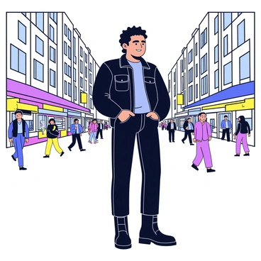 A biker stands confidently in a bustling city square. He is wearing a black leather jacket that fits snugly, with the collar turned up. His stylish motorcycle boots are made of shiny black leather, reaching just below the calf. The square is filled with people walking, and there are tall buildings surrounding the area. Street vendors can be seen setting up their stalls, and colorful signs are visible in the background. The biker has a focused expression as he looks out over the lively scene.