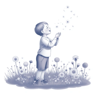 A child is standing in a meadow filled with various flowers. The child is blowing dandelion seeds into the air, causing the delicate, white seeds to scatter in the breeze. The meadow is lush and filled with different types of flora, creating a vibrant natural scene. The child has a joyful expression on their face, engaging in the playful activity of dispersing the seeds. The gentle movement of the flowers adds a sense of life to the composition.