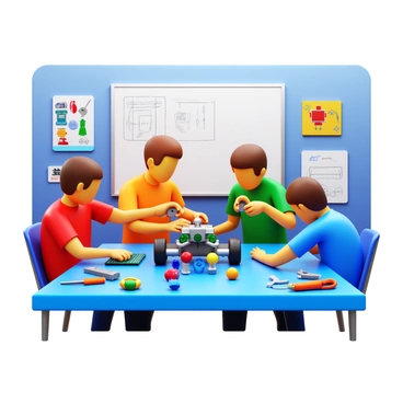A group of students assembling a small robot on a table in a school robotics club. The students are focused and collaborating, with tools like screwdrivers and wires scattered around them. One student is holding a circuit board, while another is attaching wheels to the robot's base. There are colorful parts of plastic and metal being used, showcasing creativity and teamwork. The setting includes posters of robots and technology on the walls, and a whiteboard with sketches and notes in the background.