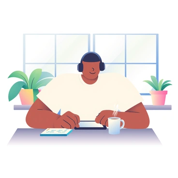 A person with light brown skin is sitting at a wooden table, focused on a tablet resting in front of them. They are wearing a white t-shirt and black headphones. Their left hand is tapping the screen while their right hand holds a blue notebook with notes. On the table, there is a steaming white mug filled with coffee. The background features a bright window that lets in natural light, illuminating the cozy room filled with potted plants.