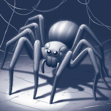 A large spider, reminiscent of a tarantula, is poised in a dark, shadowy environment. Its body is covered in fine hairs and its eyes gleam menacingly in the dim light. The spider's sharp fangs are prominently displayed, glistening as they catch the light. It crouches low, ready to strike, with its long legs spread wide to give a sense of its size and power. The surrounding area is filled with tangled webbing, enhancing the sense of an eerie, foreboding atmosphere.